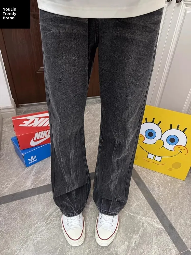 

Washed Black Men's Summer Thin Straight Leg Jeans Casual Micro Flared Pants American High Street Style Jeans Youth Fashion