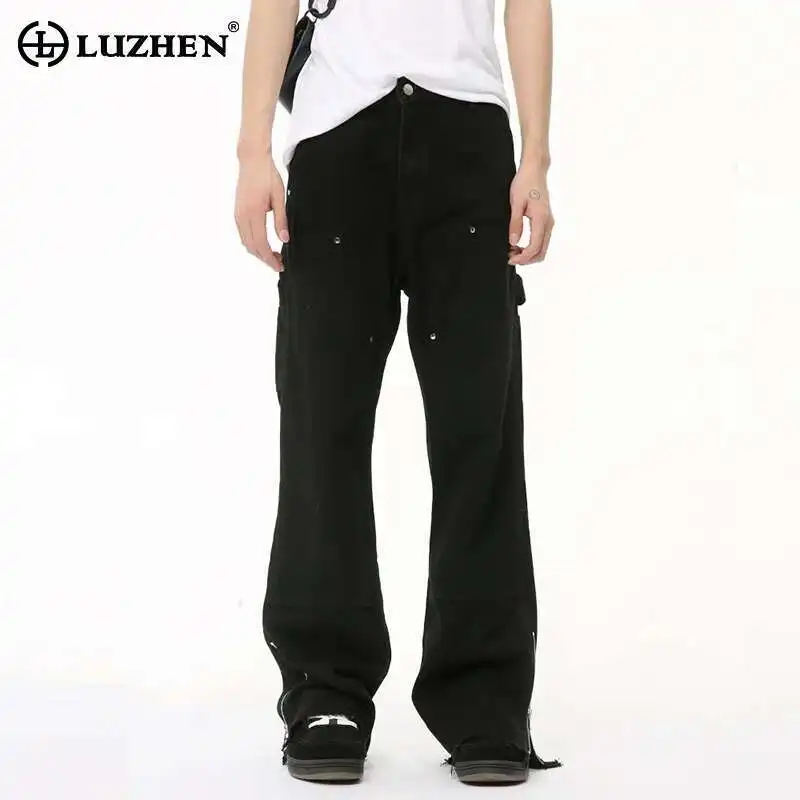 

LUZHEN Original Fashion Zipper Splicing Split Design Plain Denim Pants Korean Stylish High Quality Men's Straight Jeans LZ4420