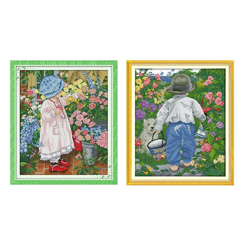 

Little Boy And Girl Picking Flowers Pattern Cross Stitch 11ct 14ct Canvas Print Cross Stitch Kit Diy Embroidery Kit Needlework