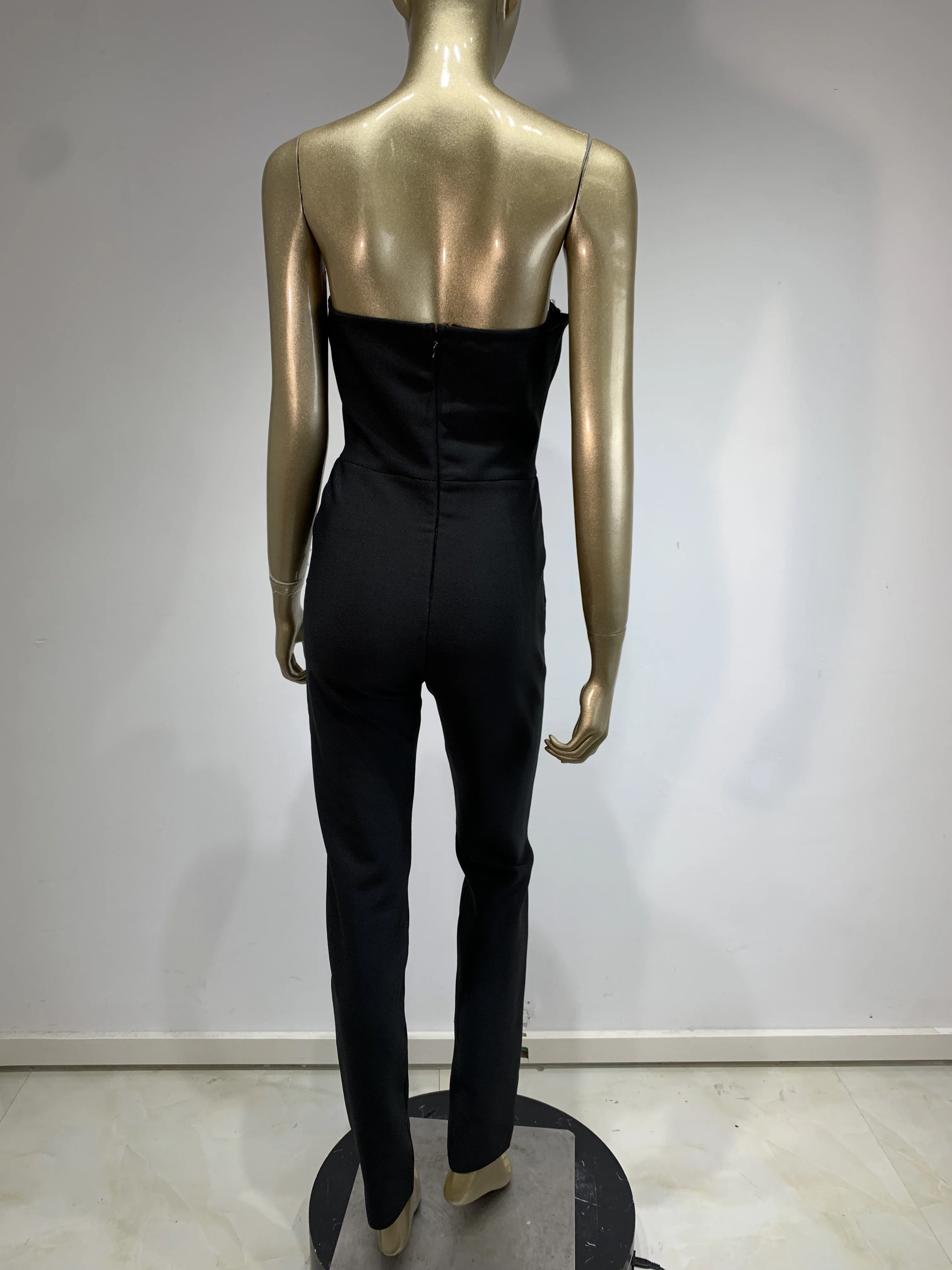 Women Luxury Sexy Strapless Backless Crystal Diamonds Black Bodycon Bandage Jumpsuit 2024 Celebrity Designer High Street Rompers