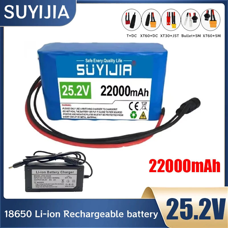 New 22000mAh 24V Lithium Battery Pack 25.2V 6S2P 18650 Rechargeable Li-ion Battery Cells Built-in BMS for Electric Bicycle Moped