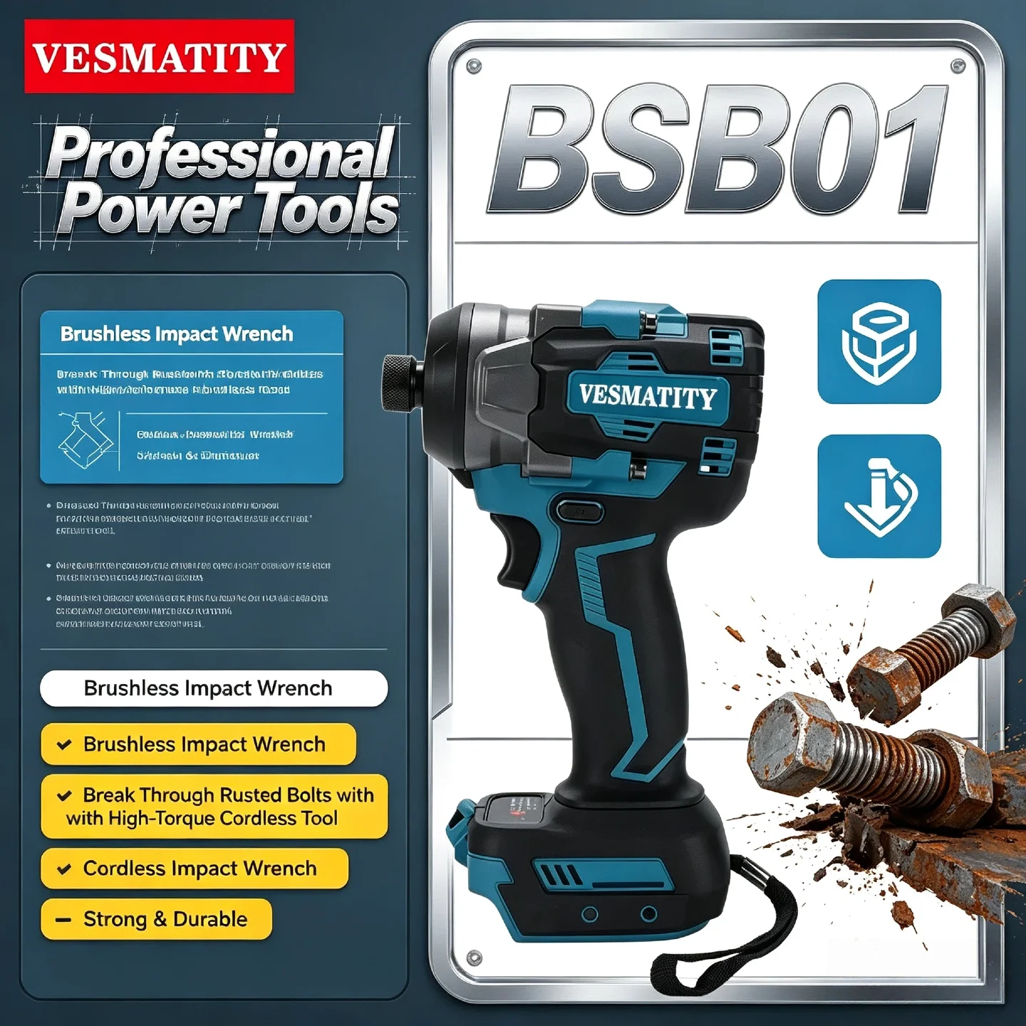 VESMATITY Break Through Rusted Bolts with Brushless Impact Wrench – High-Torque Cordless Tool for Makita 18V/20V Battery
