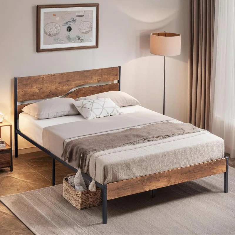 Full Size Platform Bed Frame with Wood Headboard, Solid and Strong Metal Support, No Box Spring Needed