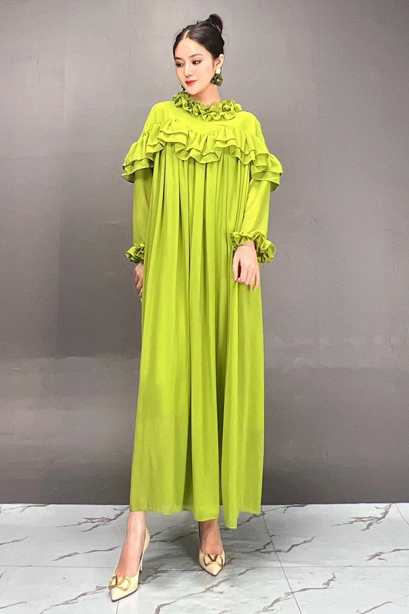 2024 Autumn New Elegant Folds Green Loose Long Dresses Women Trendy Fashion Long Sleeve Dress Wholesale J401