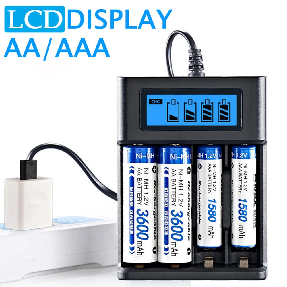 4 Slots Smart LCD USB Charger Lithium Batteries Charging Adapter Fast Charging for NI-MH/NI-CD AA AAA 1.2V Rechargeable Battery