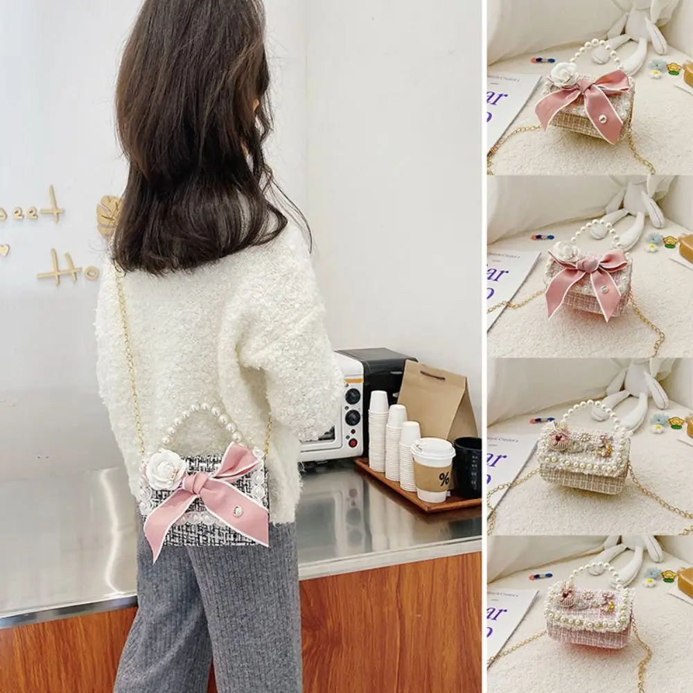 Cute Bow-knot Mini Chain Crossbody Bag Pearl Handle Square Kid's Handbag Coin Purse Clutch Bag Princess Shoulder Bag