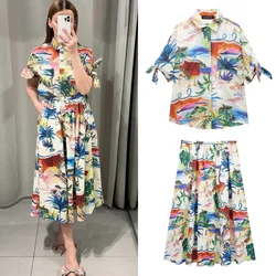 Chic Printed Lapel Single Breasted Half Sleeve Women's Shirt 2 Piece Set Holiday Twist Skirt Set Beach Resort Wear 2024