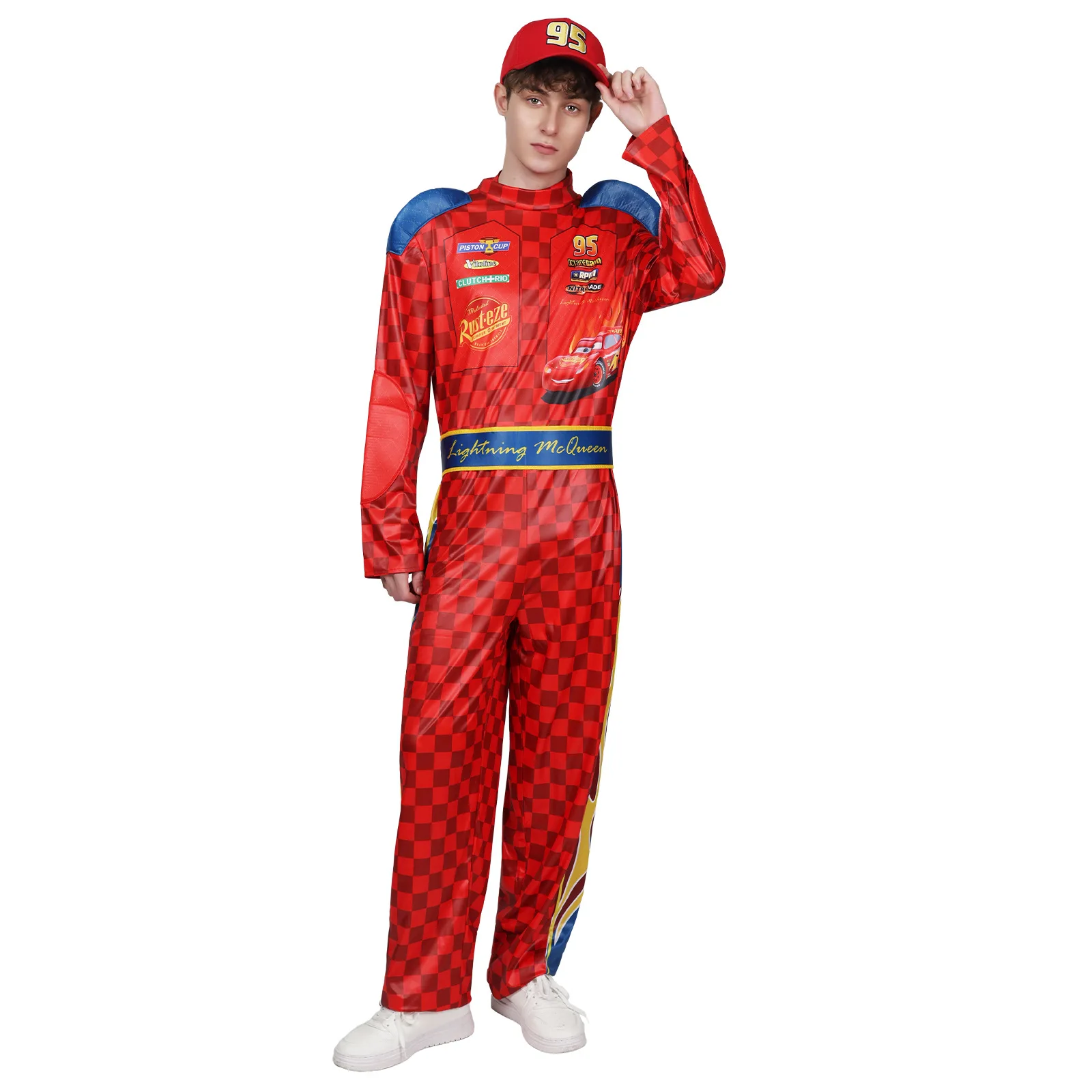 Adult Lightning Racing Driver Costume Men Red 95 Racer Jumpsuit with Hat Cosplay Outfit Halloween Carnival Party view 2