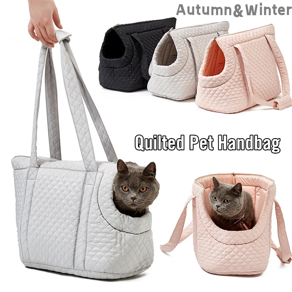 Hanpanda Winter Pet Light Quilted Side Opening Pet Handbag Plus Velvet Thickened Warm Outing Cat Shoulder Bag With Soft Cushion