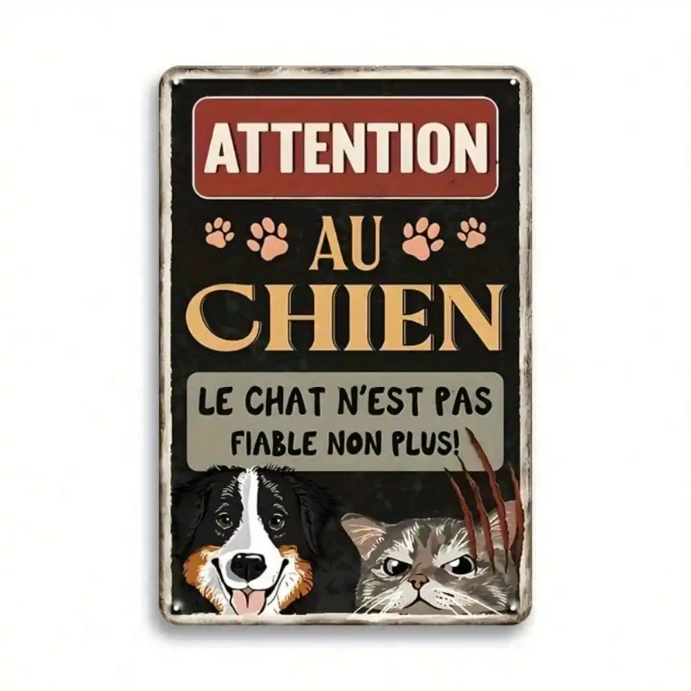 Panneau en métal vintage français |   Attention au chien, le chat n'est pas fiable |   Art Mignon pour Animaux de Compagnie 12x8 Pouces |   Maison de style campagnard