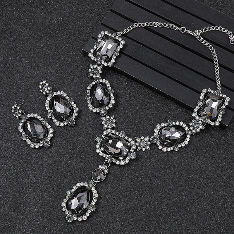 Gray Statement Jewelry Accessories Elegant Ladies Pageant Evening Crystal Rhinestone Earrings and Choker Necklace Set