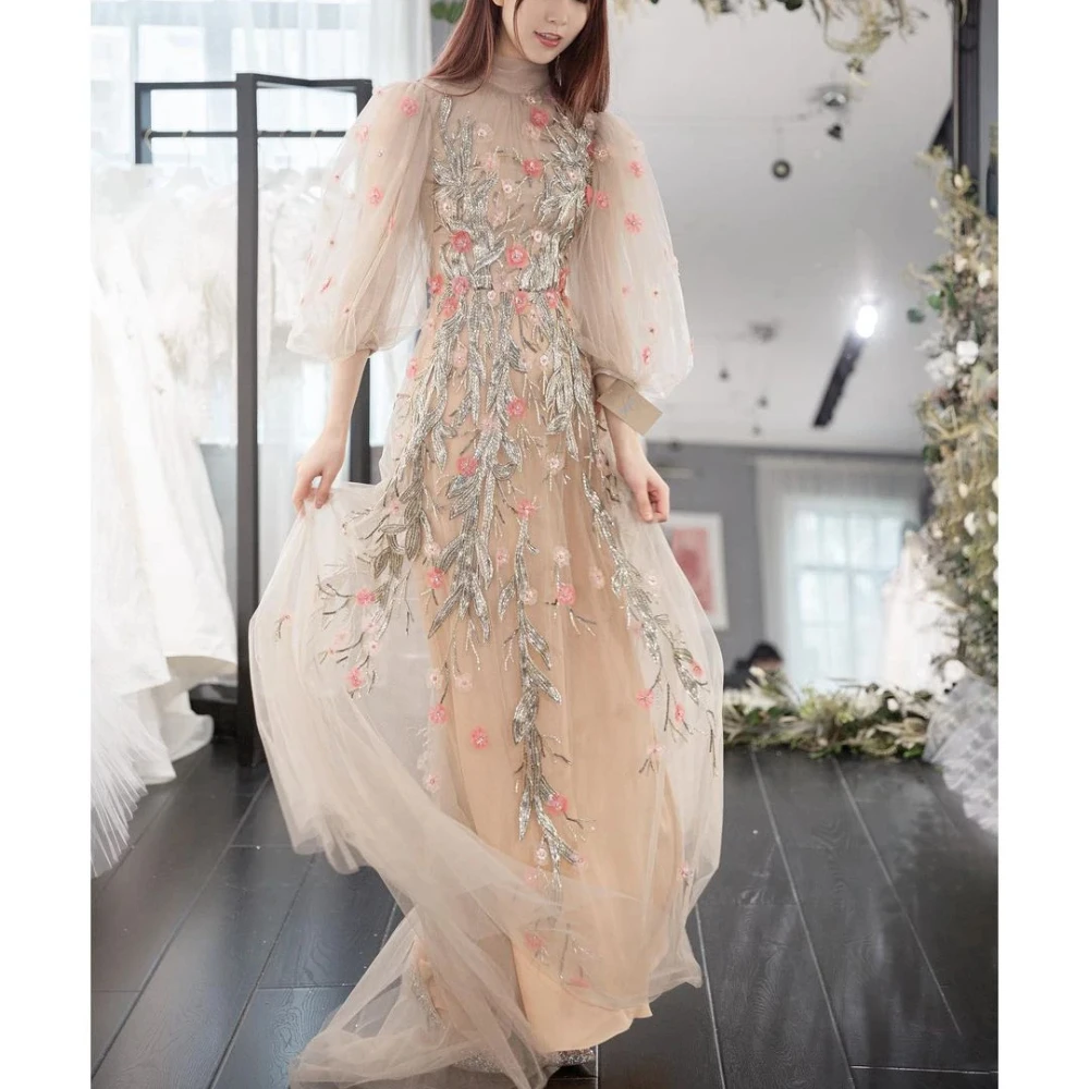 Prom Dresses Fashion High Neck Floral Print Evening Gowns Sparkly Elegant Sequined Appliques Flowers A-Line Party Dresses