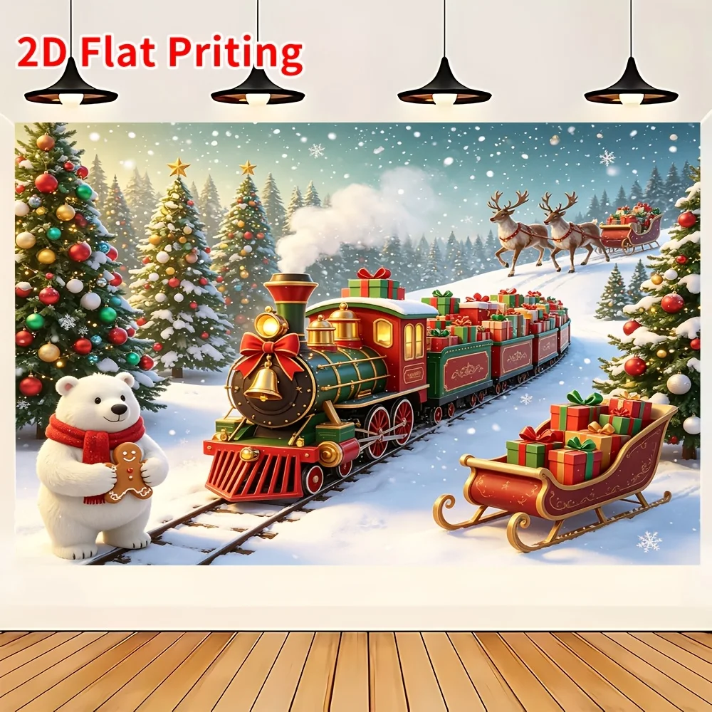 Whimsical Christmas Train Scene Wall Art Snow Forest Bear Reindeer Holiday Decor Printable Poster