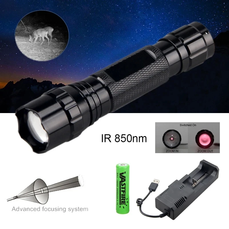 Linterna de caza profesional con visión nocturna, dispositivo táctico de radiación infrarroja con zoom, impermeable, 5W, IR, 850nm