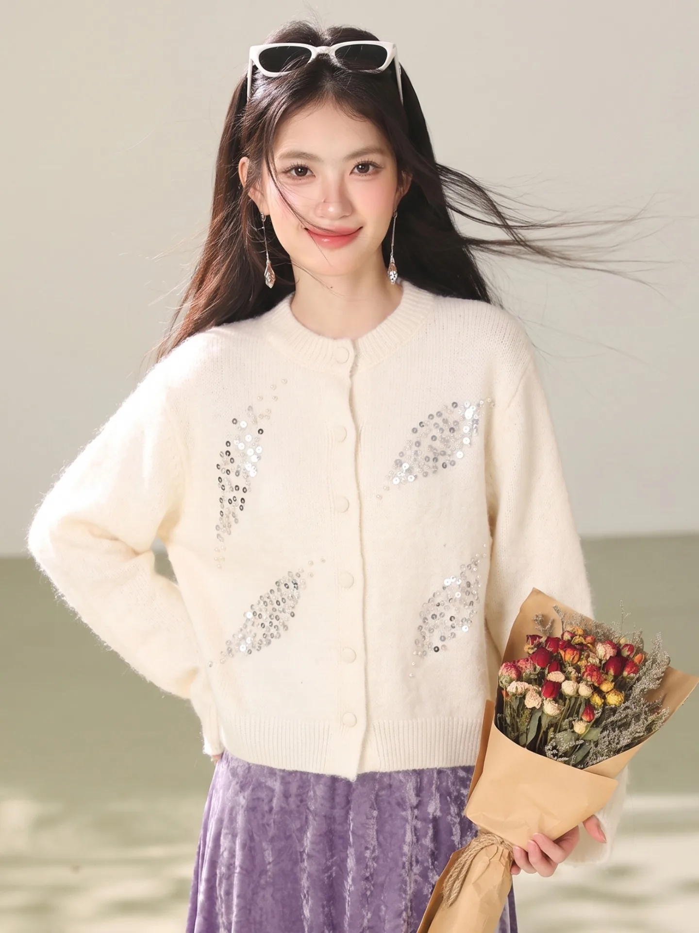 Soft Cozy Long Sleeve Women's Knitted Open Cardigan Sparkling Loose Fit Sweater Outerwear Sweet Style Autumn Winter New Arrival