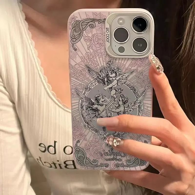 Luxury Retro Cupid Angel Phone Case For Xiaomi Redmi Note 7 8 9S 10 10S 11 12 13 Pro Plus 4G 5G Feather Texture Hard Cover