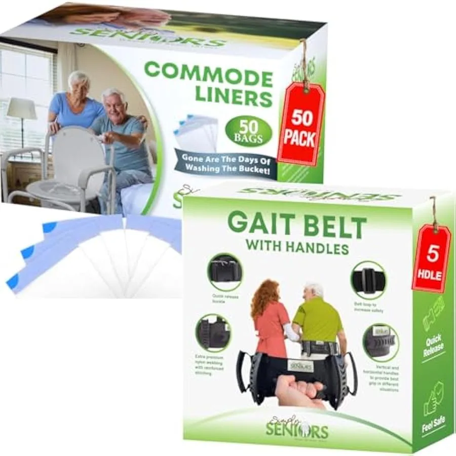 

Commode Liners and Gait Belt for Seniors - 50 Strong Portable Toilet Bags - Bedside Commode Liners Disposable - Transfer Gate B