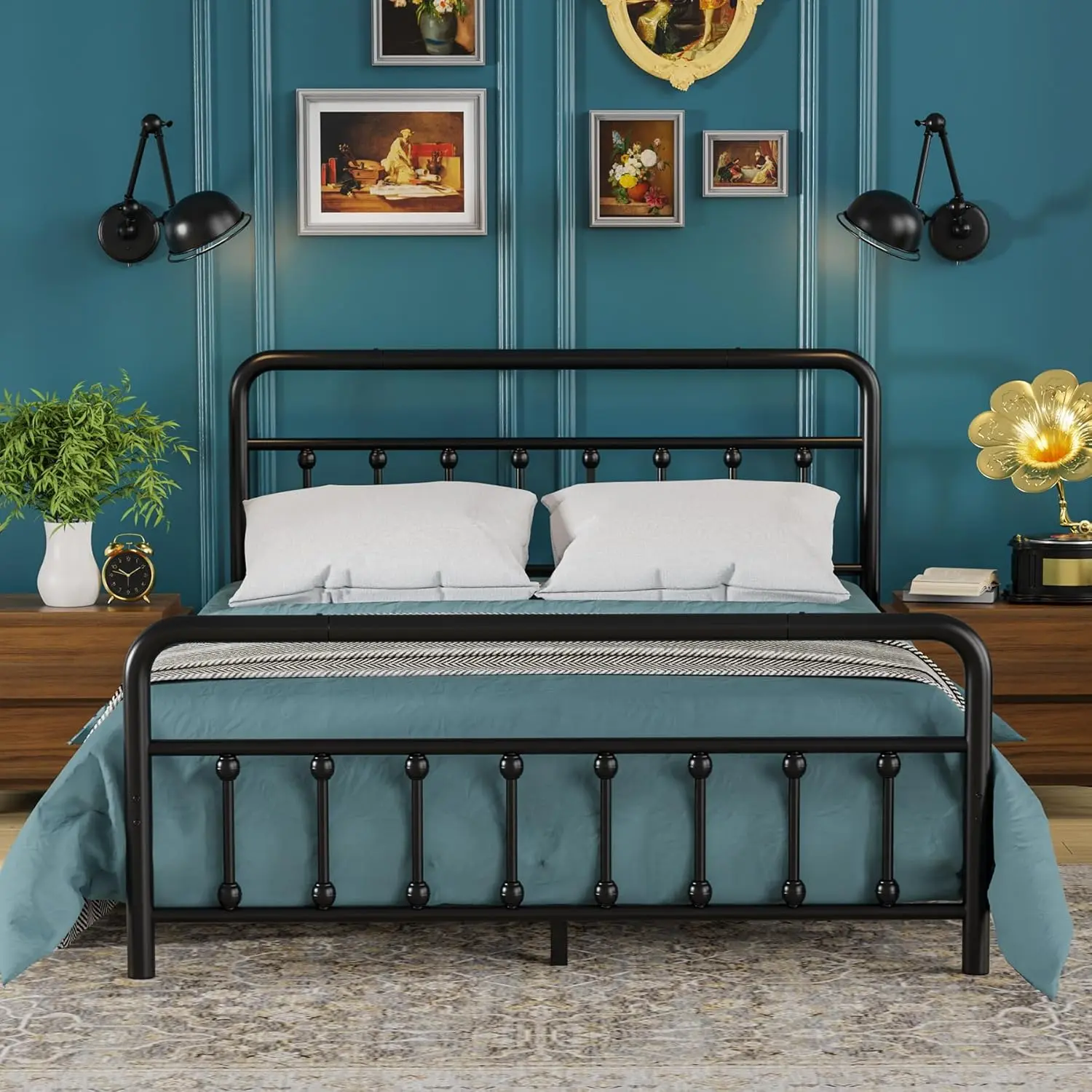 

Classic Metal Platform Bed Frame Mattress Foundation with Victorian Style, Heavy Duty Steel Slat, Customized