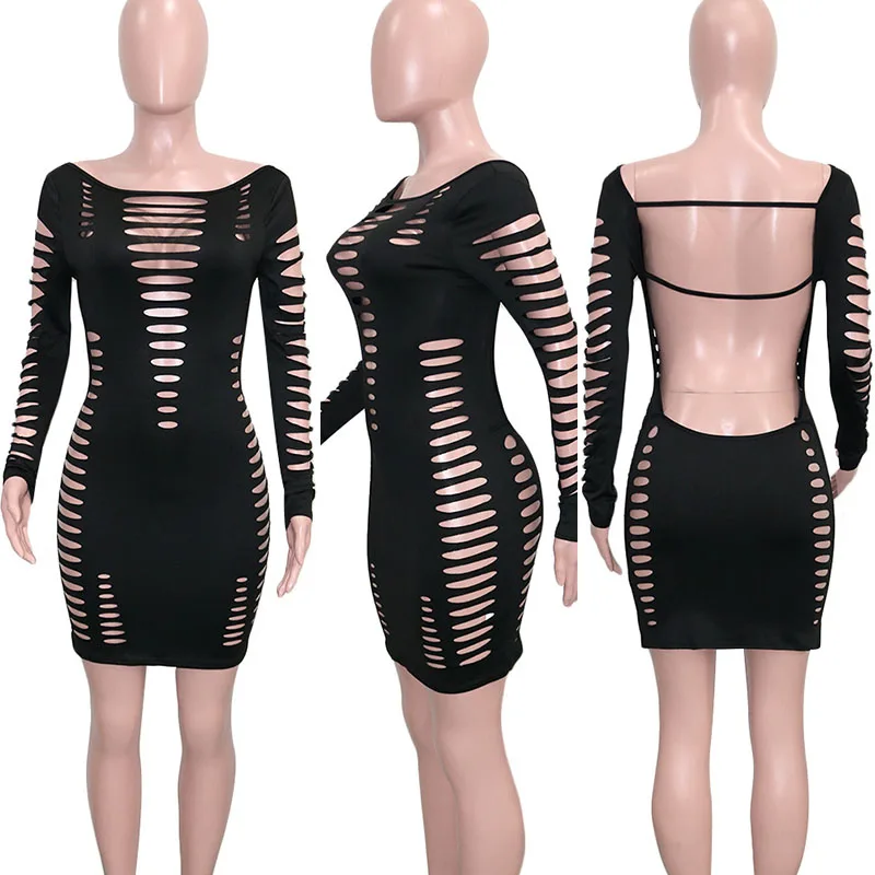 เซ็กซี่ Hollow Out Backless Bodycon ชุดผู้หญิง2022ฤดูใบไม้ร่วงอินเทรนด์แขนยาวชุดมินิเดรส Cutout Night Club ชุดเดรสปาร์ตี้ Robes