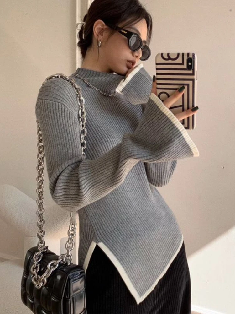 Deeptown Elegant Turtleneck Sweater Women Korean Old Money Style Slim Contrast Color Jumper Autumn Winter Casual Knitwear Tops