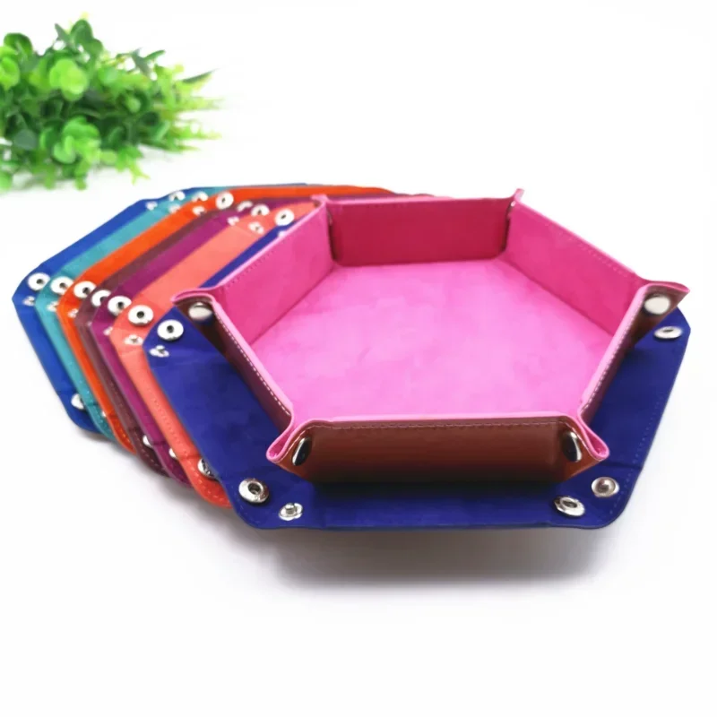 Rolling Folding Hexagon Dice Game Storage Tray PU Leather&Velvet Mat Holder Double Sided Thick Office Supplies Storage Tools