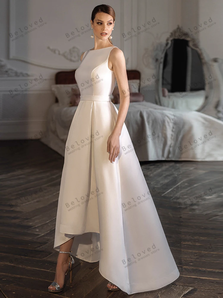 Simple Wedding Dresses Satin Bridal Gowns Sleeveless Backless Robes Tea-Length Elegant O-Neck Vestidos De Novia Customized 2025