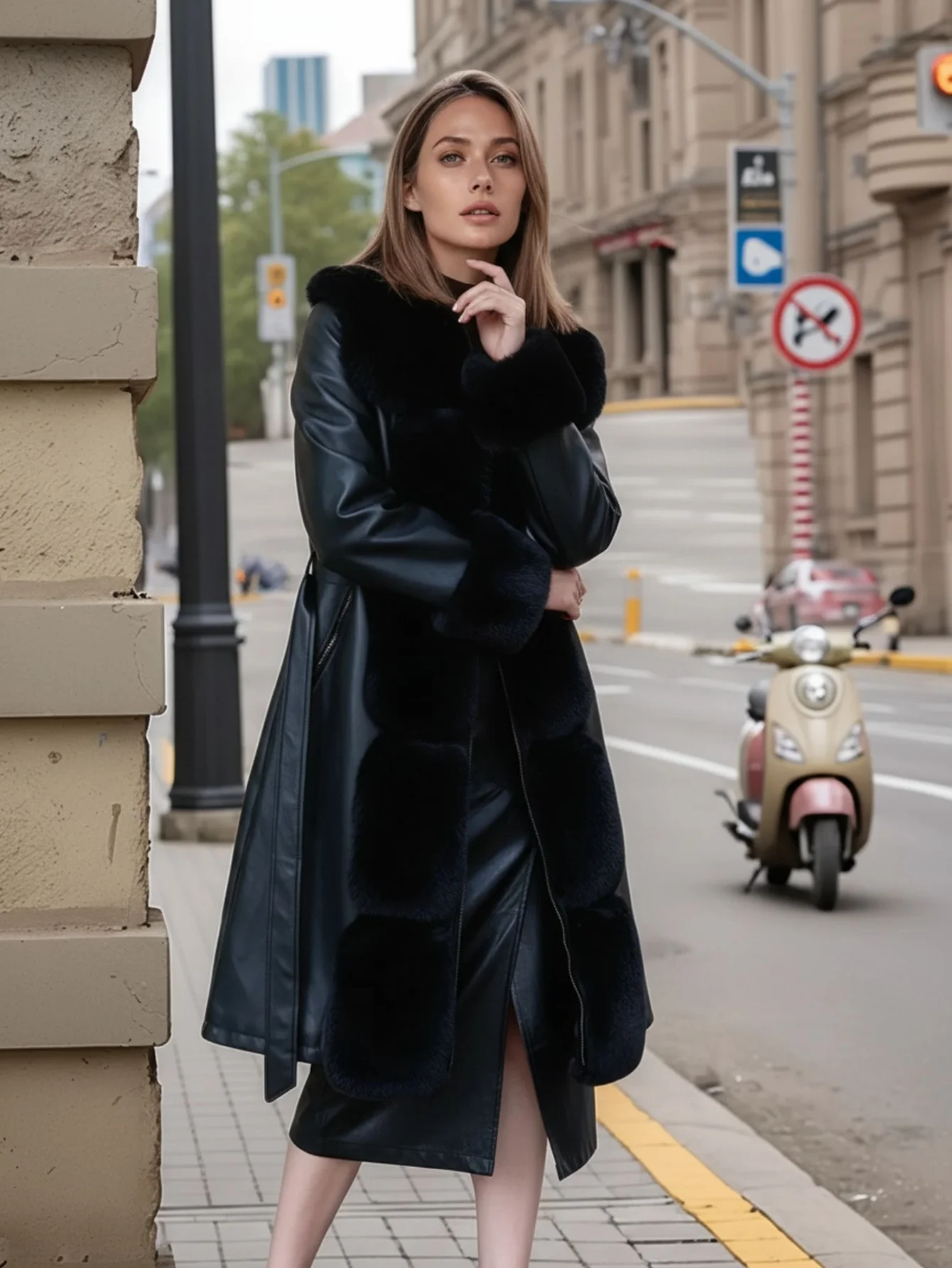 

Женская куртка из искусственной кожи с капюшоном и искусственным мехом, стильная, идеально подходит для осени и зимы, поставляется с поясом