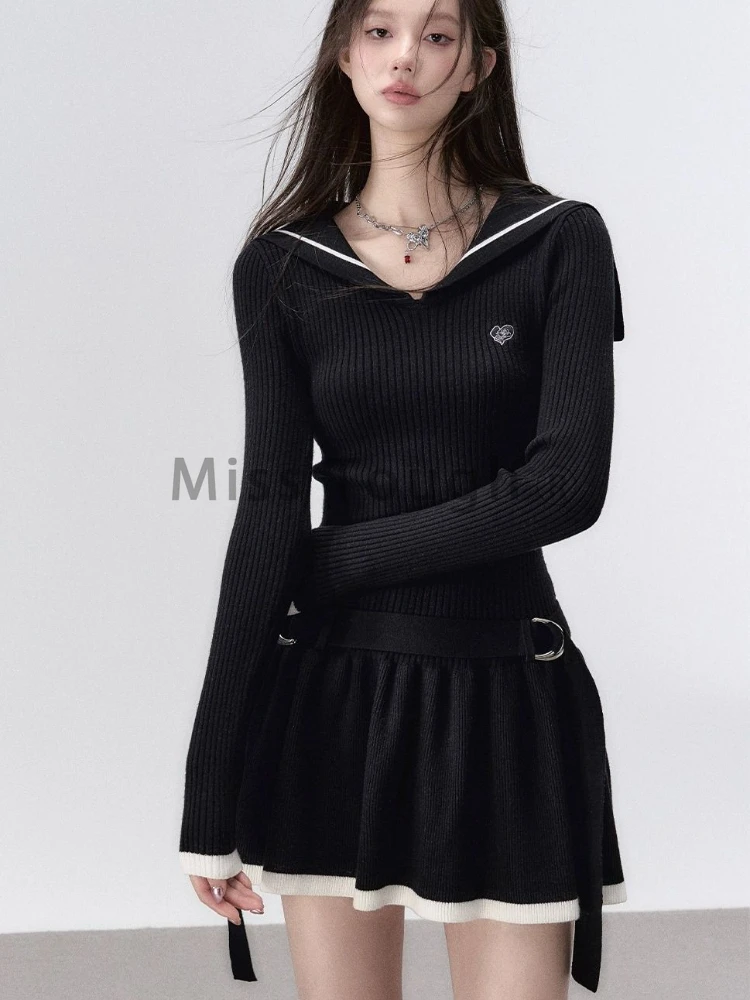 Autumn Preppy Style Retro Knitted Dress Women Solid Vintage Party Mini Dress Female Korean Fashion Sweater Casual Dress 2023 New