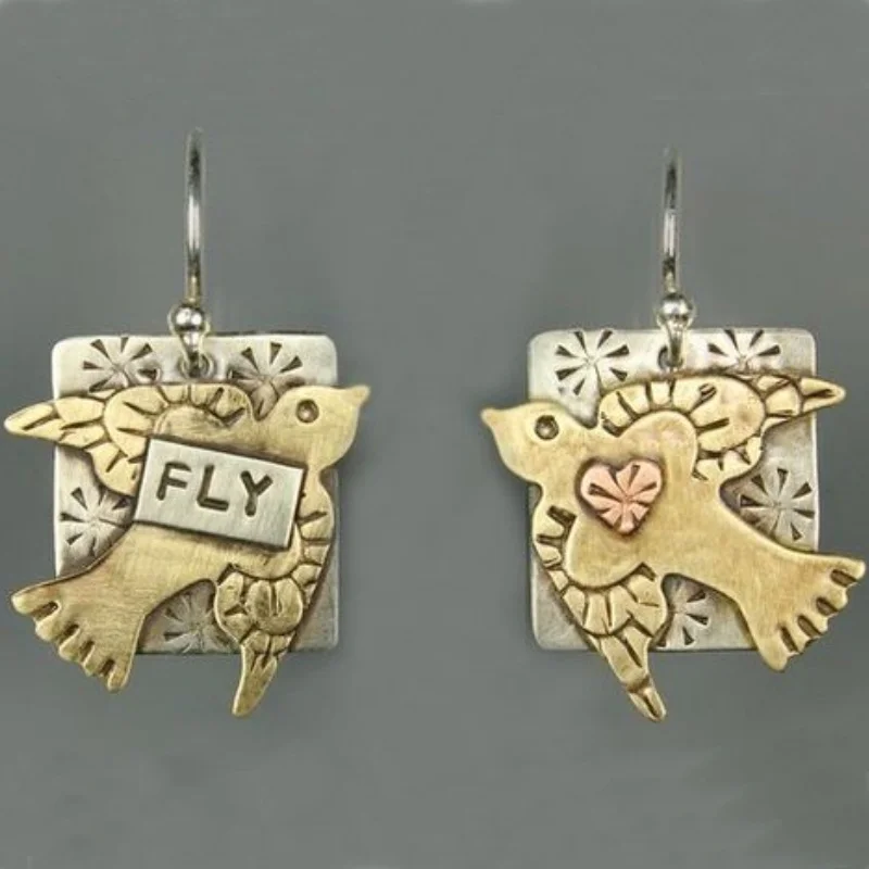 Vintage Design Two Color Dangle Women's Earrings Creativity Square Hand Carved Fly Bird Jewelry