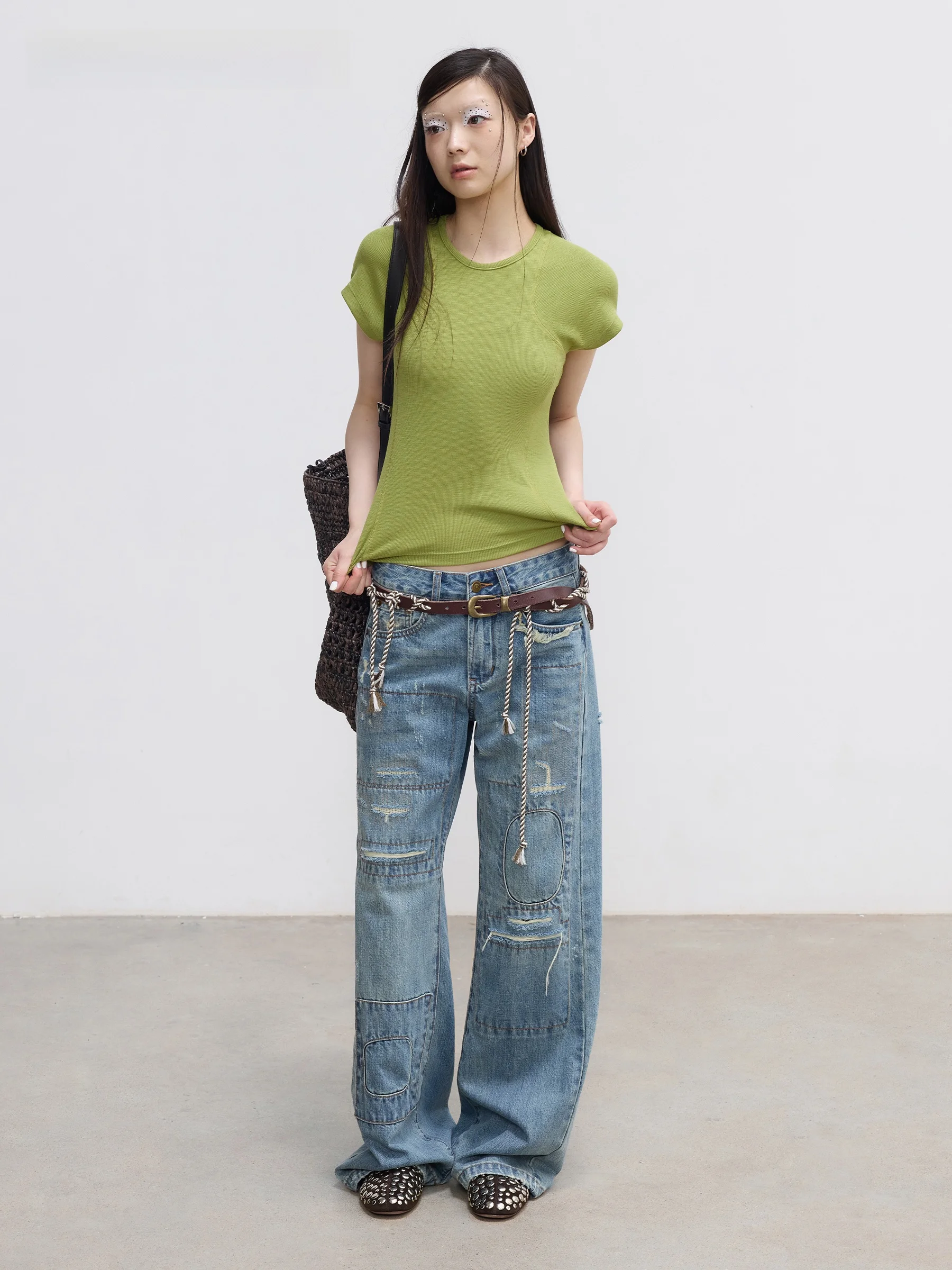 

VERMO Retro Distressed Patchwork Hole Low Waist Straight Leg Jeans Cotton Casual Neutral Style Four Seasons Universal