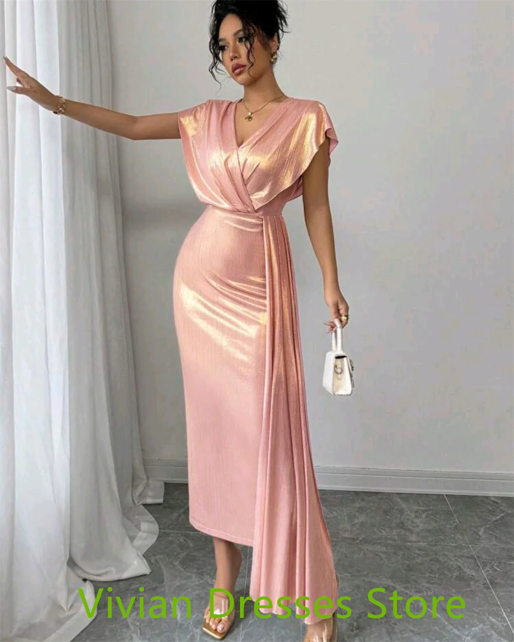 Customized  Sparkly pink Satin Cocktail Dress Exquisite V-Neck Cap Sleeve Half Sleeves Panel Train Mermaid Zipper Back Party Dre