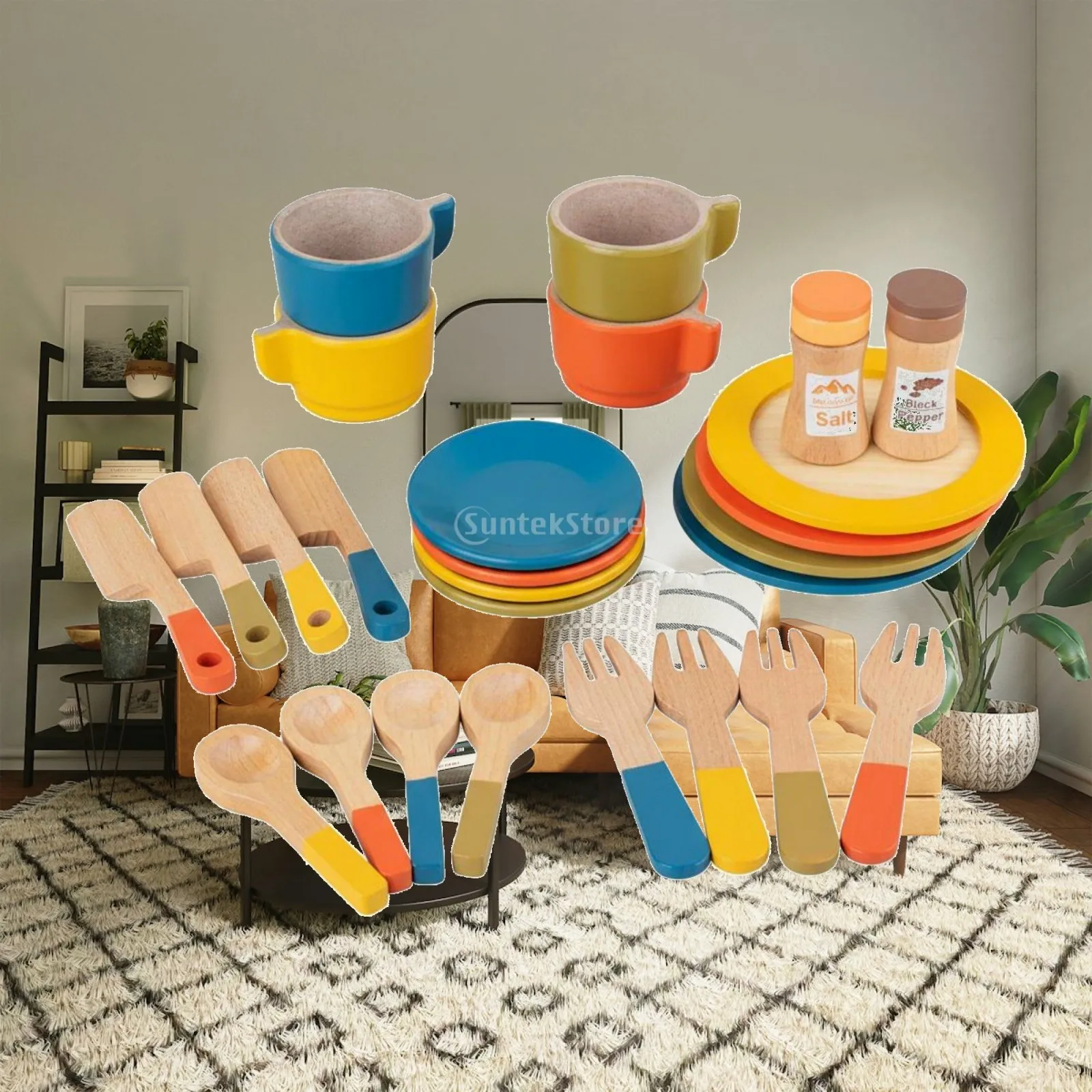 子供向けの木製ケーキおもちゃセット。ティーパーティーをテーマにしたミニチュアのドールハウステーブルセット。子供たちが楽しくごっこ遊びができる、インタラクティブなキッチンおもちゃ。プレゼントに最適。