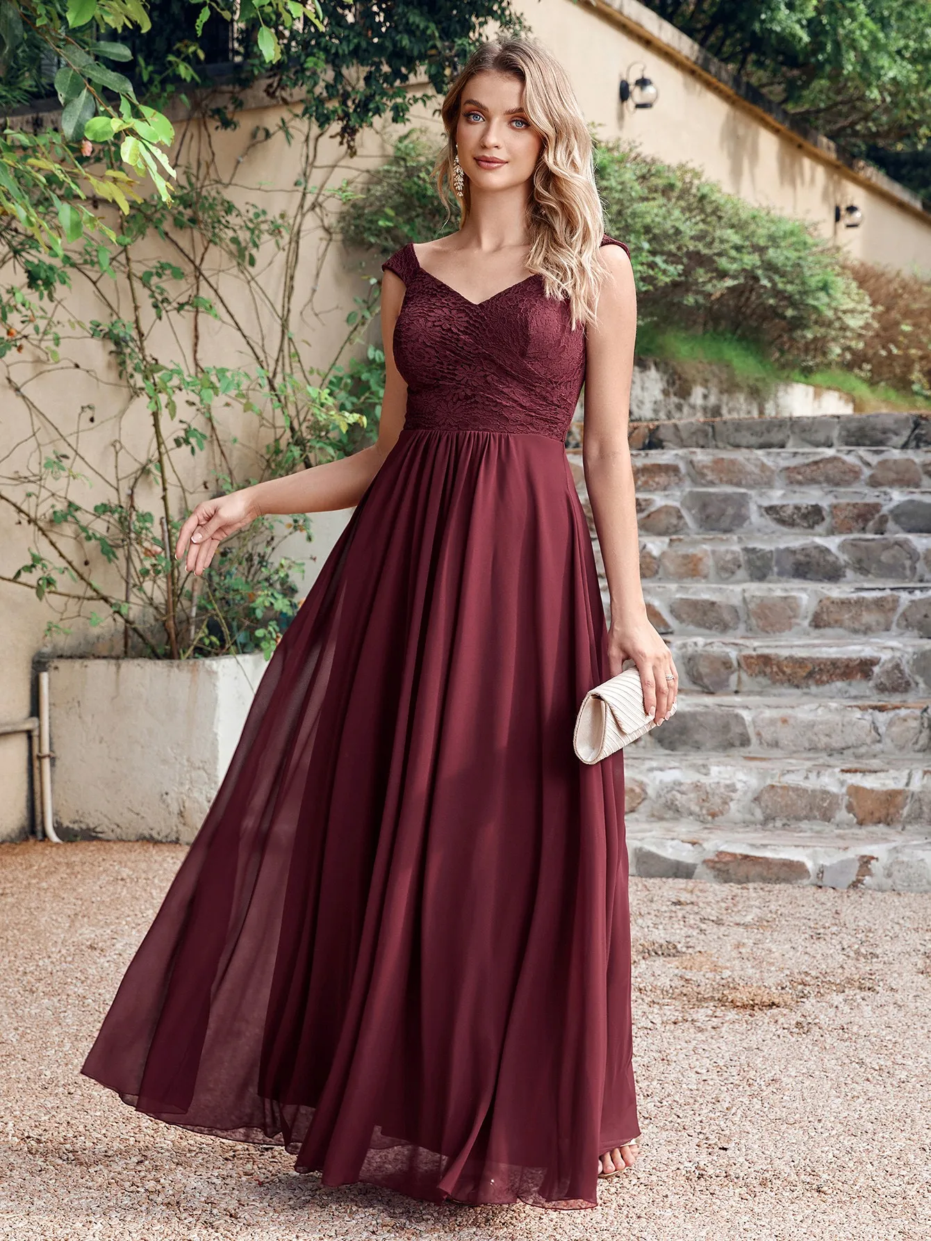 Lace Chiffon Evening Dresses Women Long Pleat A Line V Neck Sleeveless Bridesmaid Formal Wedding Party Prom Gowns Robe De Soiree