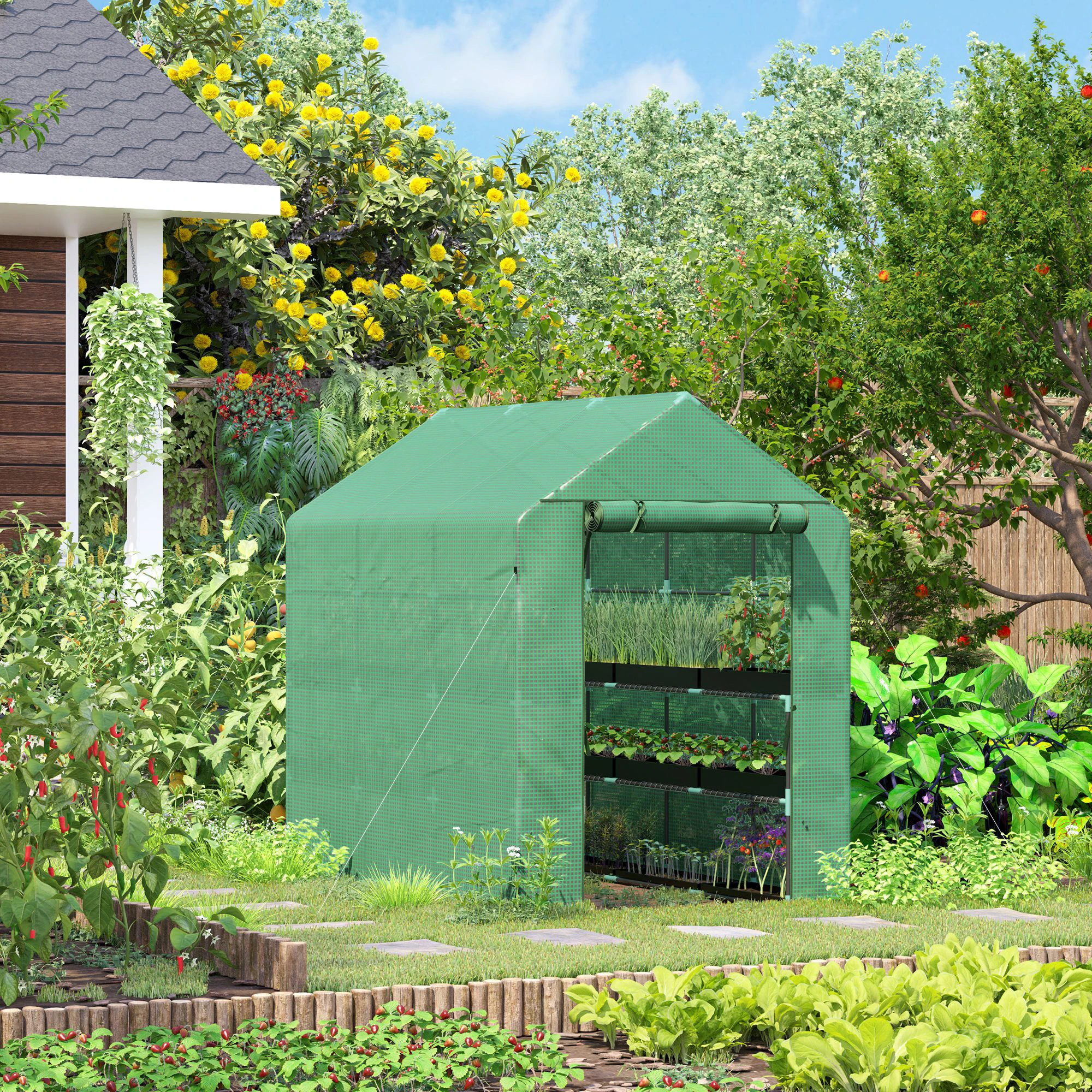 7' X 5' X 6' Walk-in Greenhouse for Outdoors with Mesh Door, 18 Shelf Hot House with Trellis, Plant Labels, UV Protective for Growing Flowers, Herbs, Vegetables, Saplings, Green