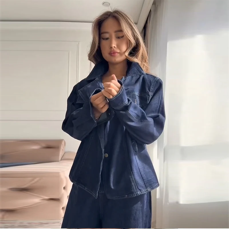 Revers-Taillenbetonende Schnür-Jeansjacken-Hosen-Sets für Damen, Street-Style, Langarm-Slim-Jacken, Weitbein-Hosen, Schicke Damen-Outfits – Detail 19