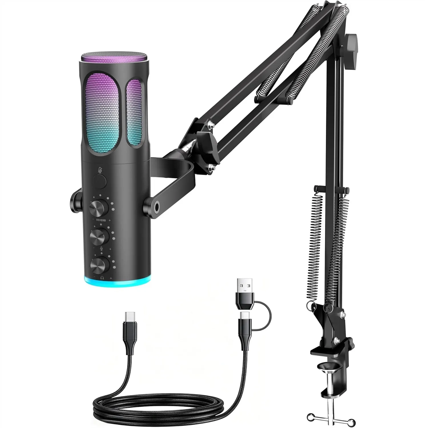 USB Gaming Microphone For PC PS4 PS5 Mac, Noise Cancelling Condenser Mic With Mute Reverb Adjustable Boom Arm Pop Filter For Streaming Podcasting Recording YouTube