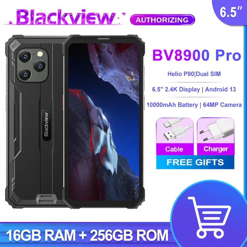 Blackview ponsel BV8900 PRO, HP cerdas 6.5 inci FHD 2.4K tampilan 16GB + 256GB Android 13 10000mAh, kamera 64MP