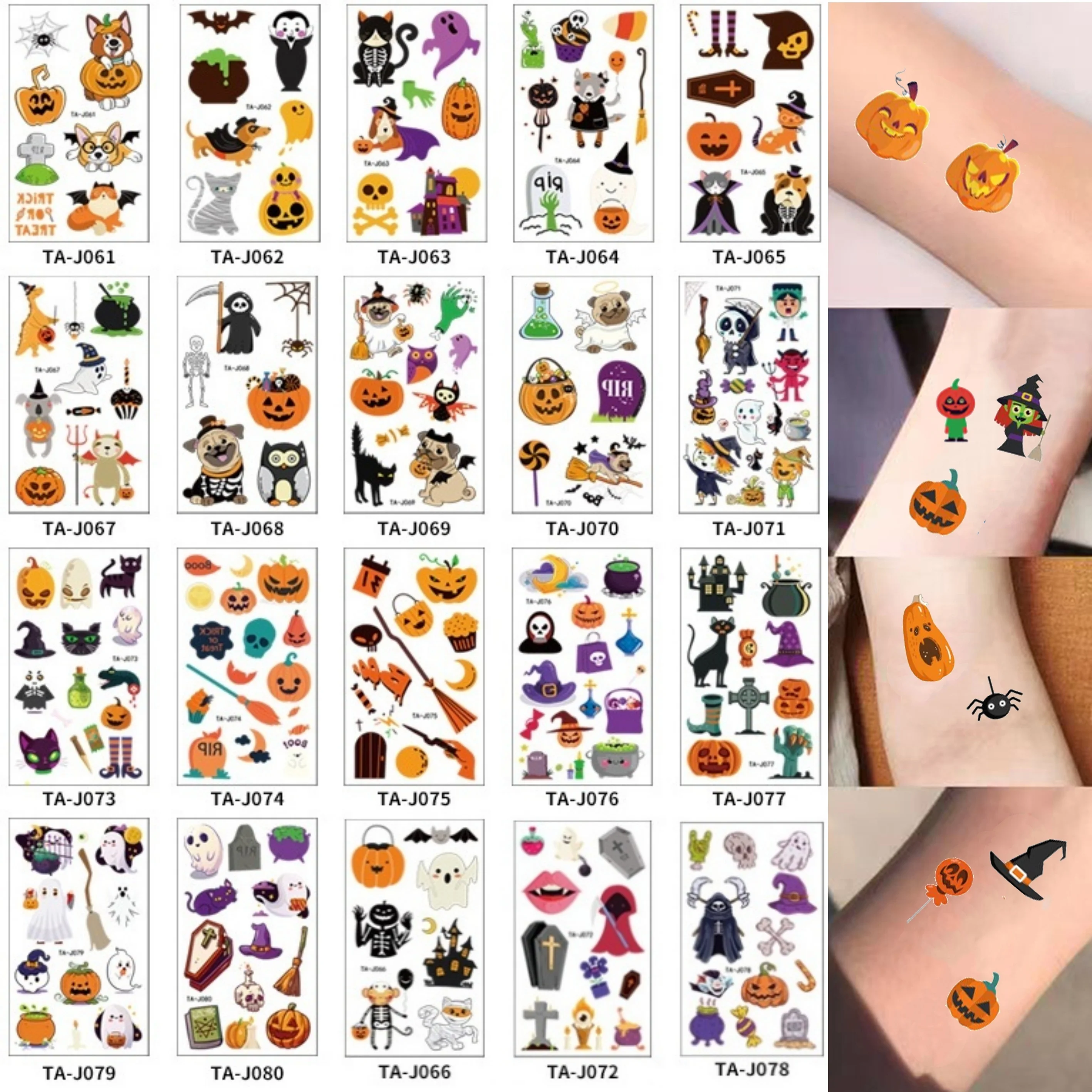 20pcs/set Temporary Tattoos for Kids Halloween Pumpkin Skull Dog Cat Fake Tattoo Children Hand Face Leg Arm Pegatinas Infantiles