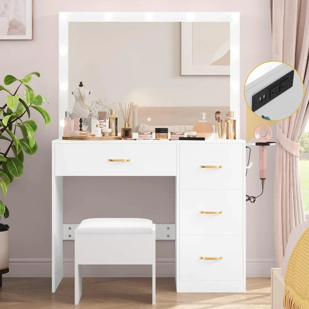 Makeup Vanity Desk Set Pearl-White 3 Color Lighting Modes Make Up Table Makeup Vanity With Large Lighted Mirror Furnitures Light