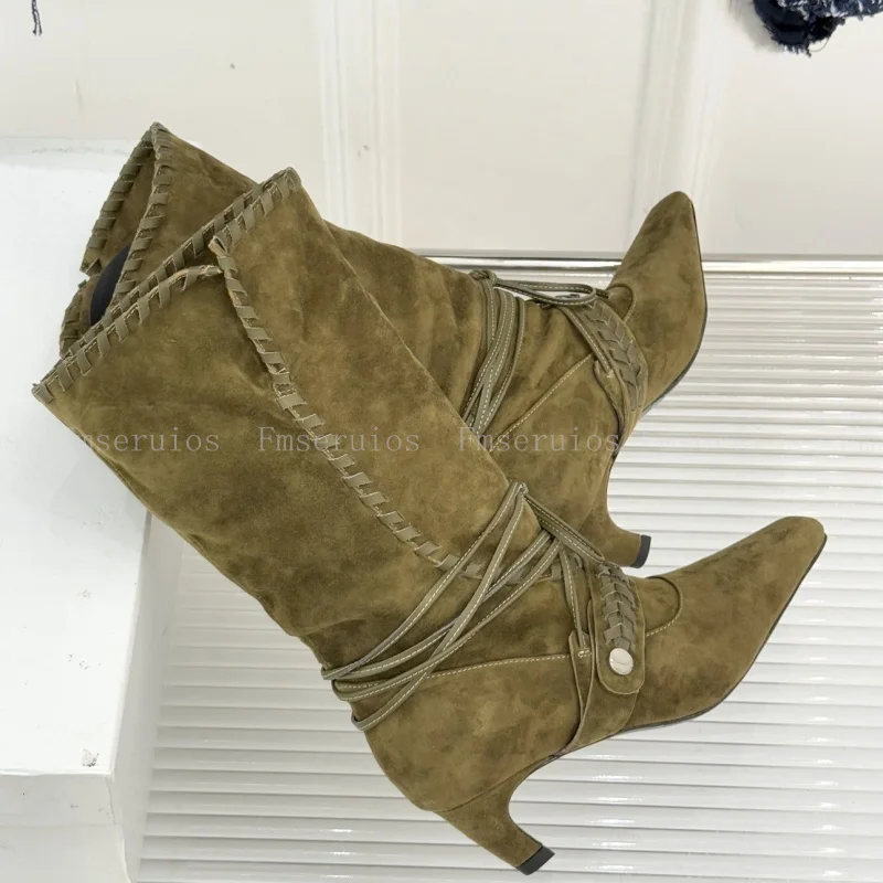 موضة ريترو النساء حذاء من الجلد أشار تو كعب منخفض أحذية بوت قصيرة جلد الغزال مشبك حزام تصميم أنيق جودة الأحذية الغربية #4