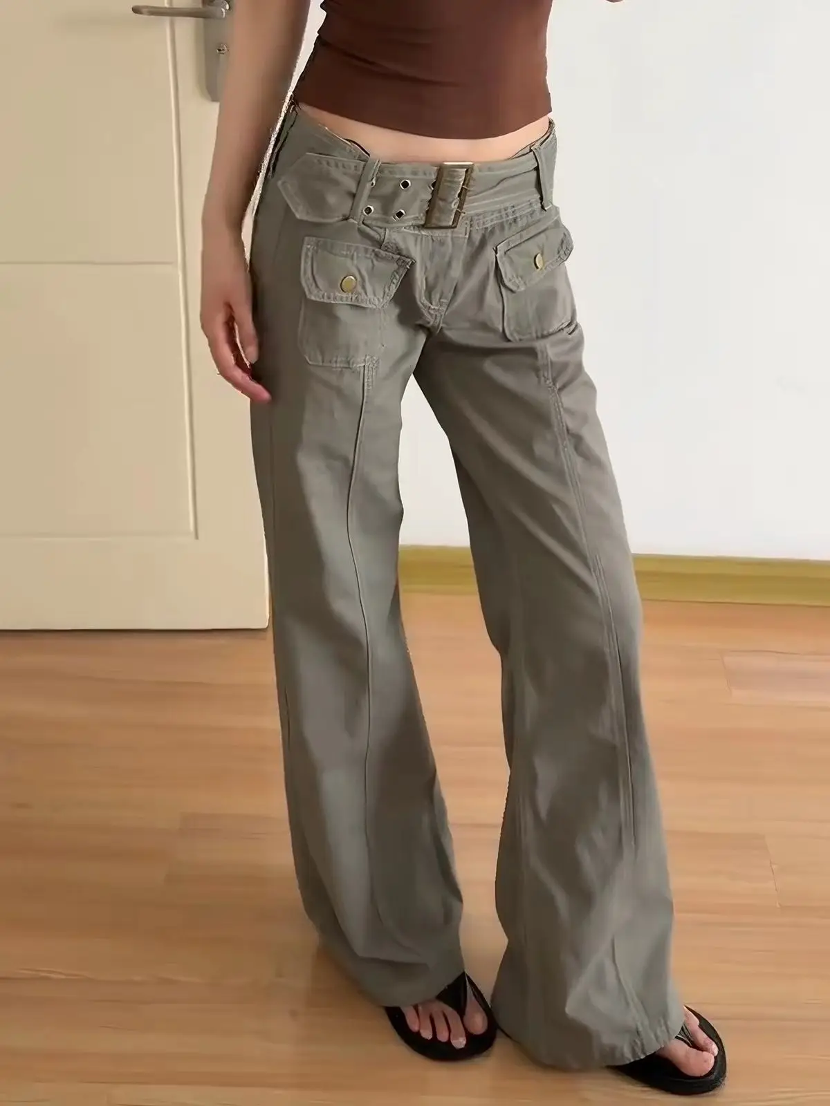 Distressed Washed Cargo Flared Jeans Women Summer Retro Biker Streetwear Loose Casual Pants