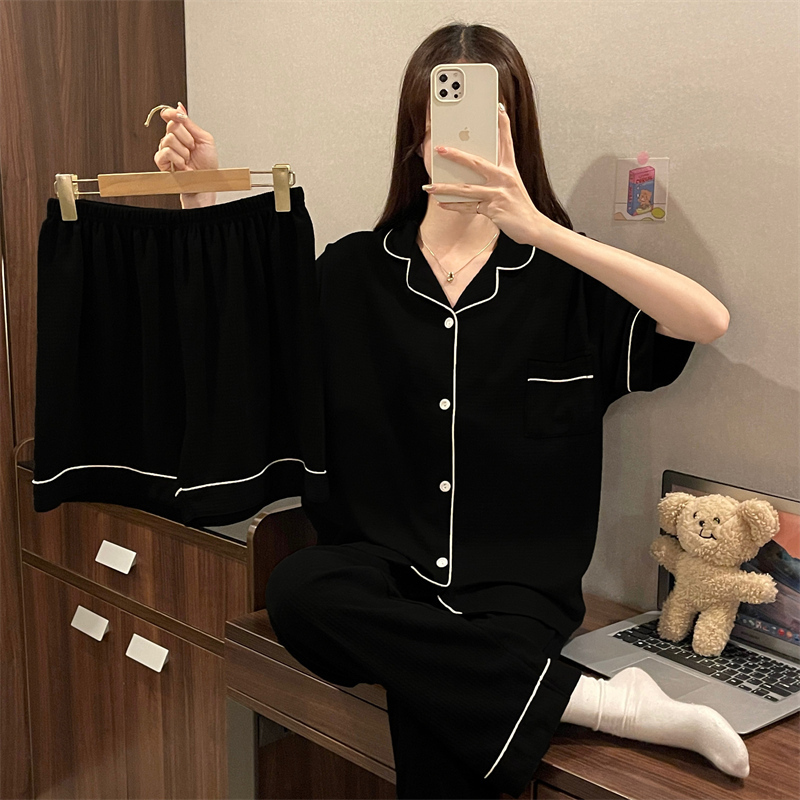  Summer 2023 Women's Loose ort Sve Spwear Set Korean Sle Tee-Piece Home Clothes Cardigan Casual Cotton Pyjamas 