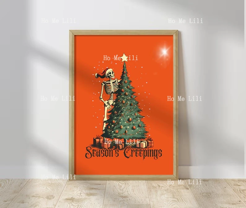 Season's Creeping Halloween Christmas Sign Spooky Christmas Skeleton Decor