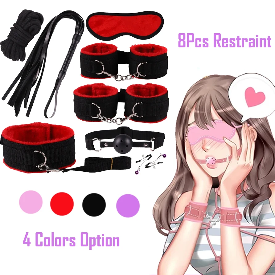 BDSM Restraint Sex Toy Set 8pcs Sextoy Kits Tool Adult Couple Handcuffs Ankle Cuffs Cosplay Toys SM Slave Role Play Mouth Gag_voghion.com
