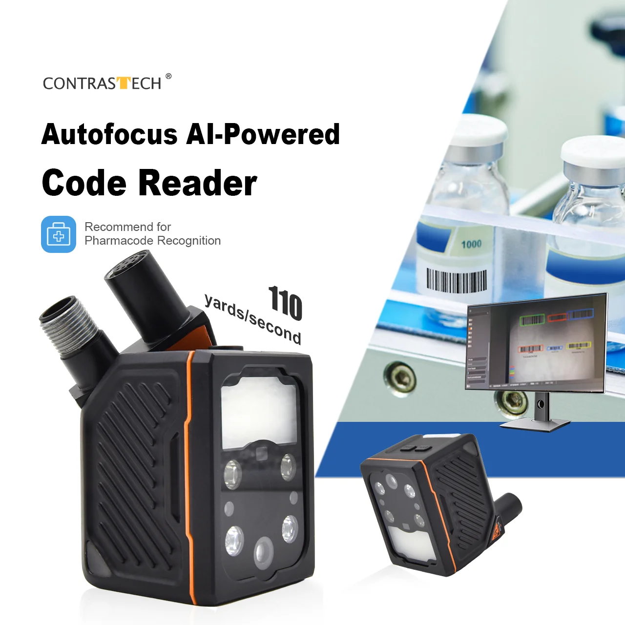 3.1MP 60fps 90 yards/s Fast Ethernet AI Liquid Autofocus Code Reader for Pharmacode Reading Contrastech