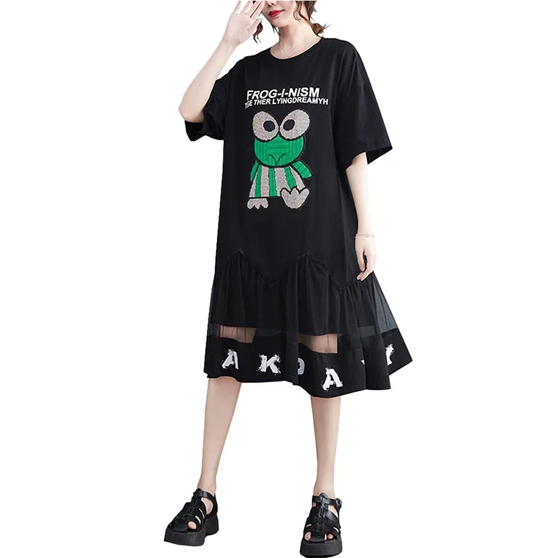 Summer New Loose Casual Printed Fashionable Splicing Mesh Black Personalized Midi Shirt Dress