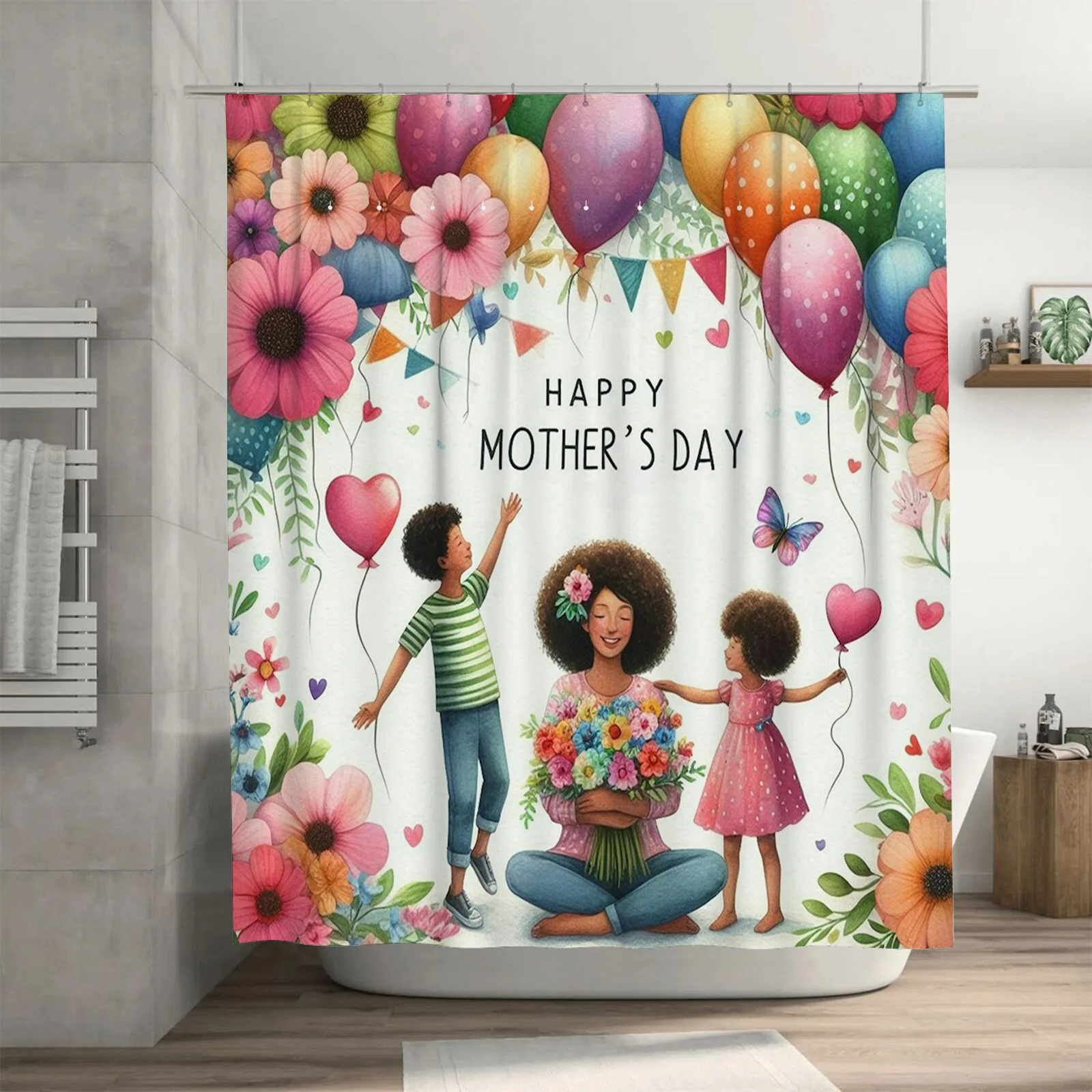 Charming Mother's Day Design with Balloons and Flowers Waterproof Shower Curtain for Modern Bathroom Decor