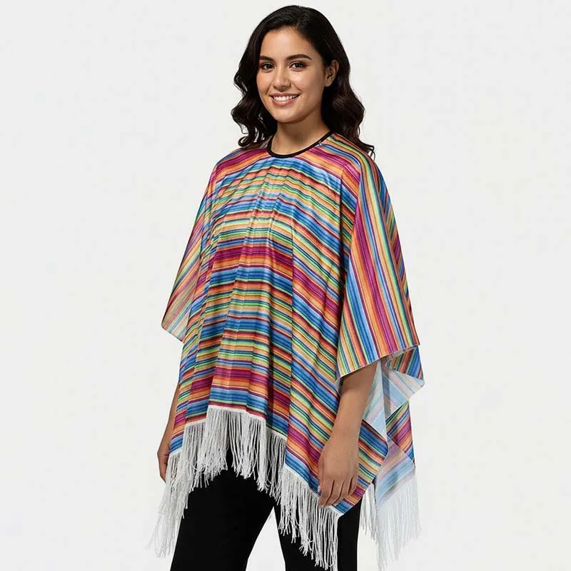Unisex Mexican Poncho Cinco de Mayo Rainbow Striped Fringe Cape Fiesta Party Halloween Cosplay Costume Shawl for Men Women view 3