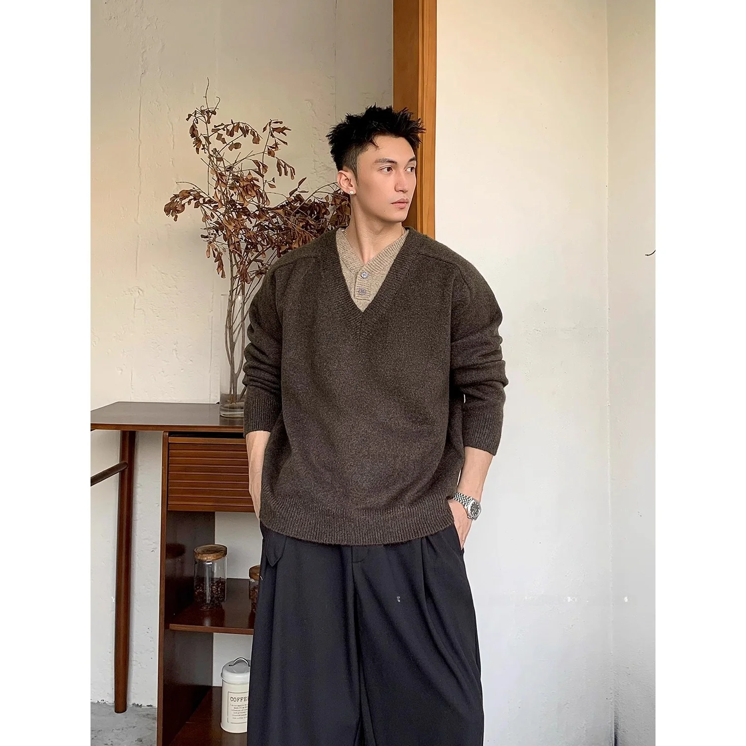 

Retro Splice V-Ne Knitted Sweater Men's Women's CleanFit Autumn Winter New Lazy Sle Overhead Sweater Soft Wool Blend Casual