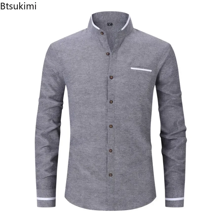 2025 Men's Office Business Shirts Solid Color Blocking Design Stand Collar Slim Long Sleeve Dress Shirt Male Social Basic Shirt